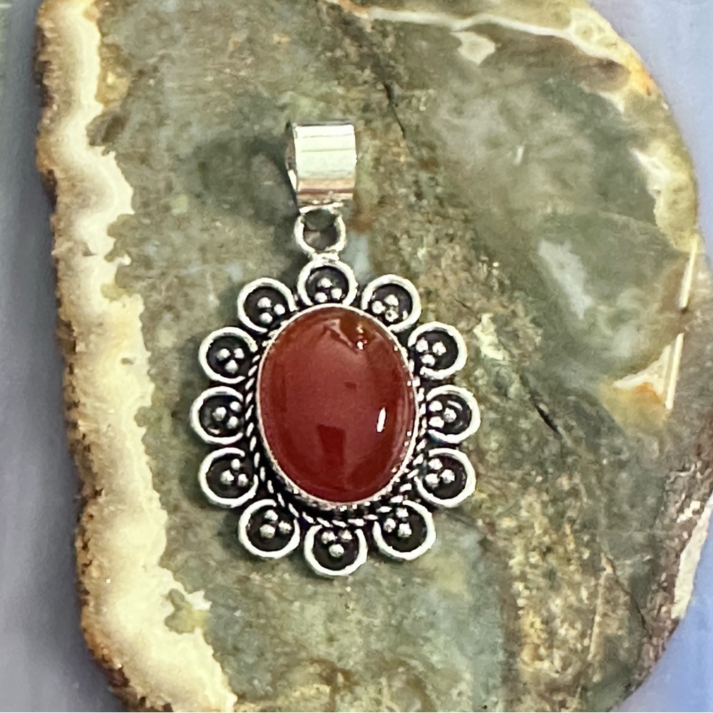 Hand Crafted Artisan CARNELIAN Gemstone Silver Floral Red Jasper Pendant